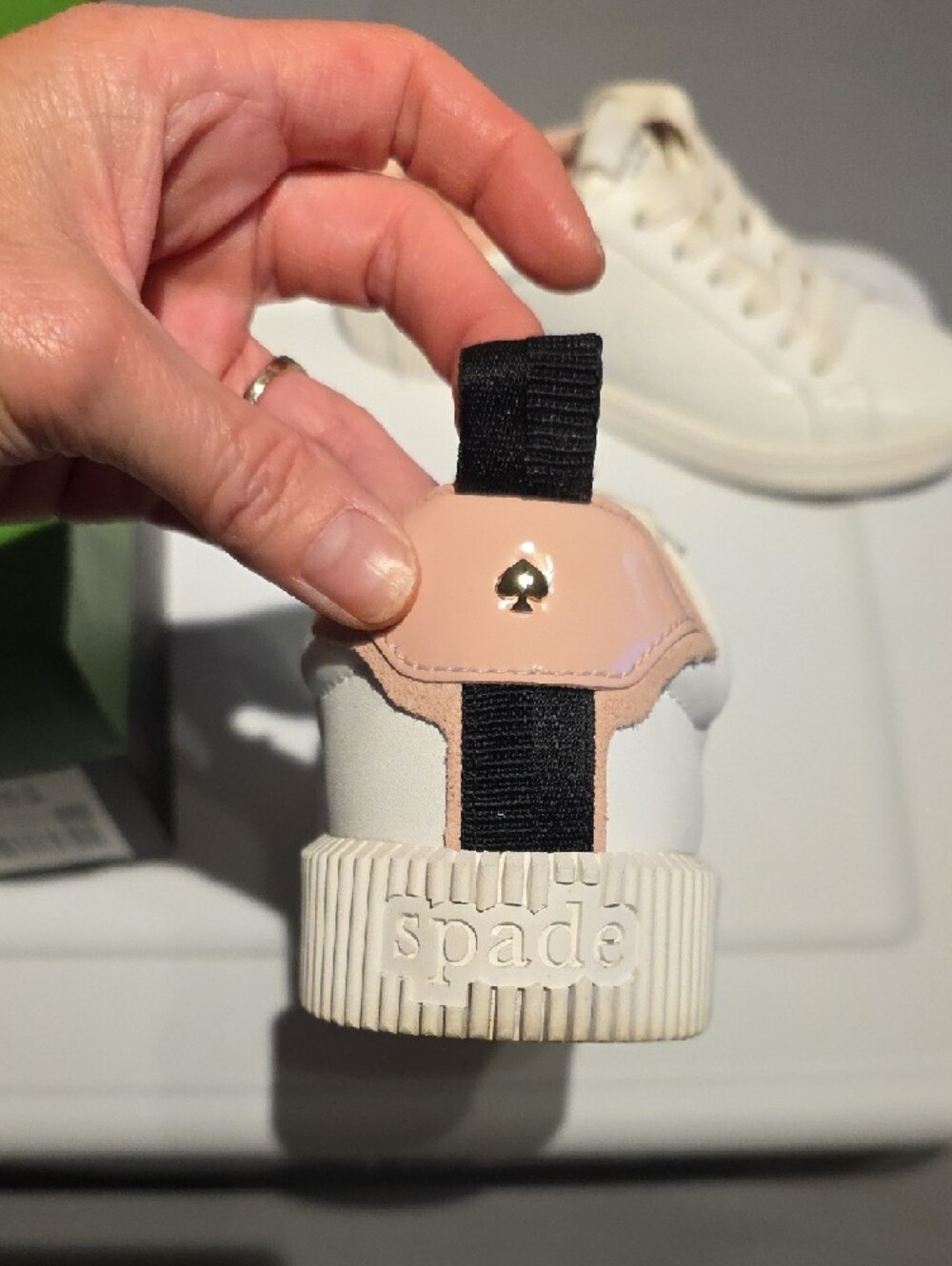 kate spade White Leather Sneakers with Black Side Stripe and Blush Lining - Picture 6 of 15